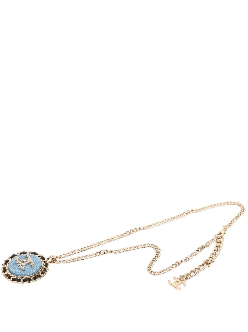 CHANEL Pre-Owned 2025 CC Gold Plated Denim Leather Woven Chain Round Pendant Necklace costume necklace