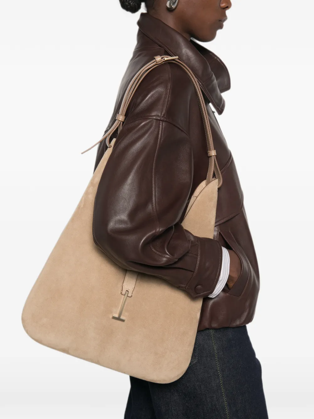 TOM FORD Suède schoudertas met T-gesp Beige