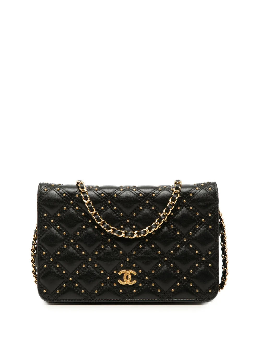 CHANEL Pre-Owned Borsa a tracolla CC in pelle di agnello trapuntata con borchie e catena 2018-2019 - Nero