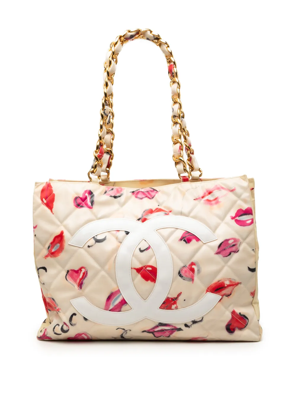 CHANEL Pre-Owned 1994-1996 CC Coated Canvas Kisses and Lips Print tote bag - Nude