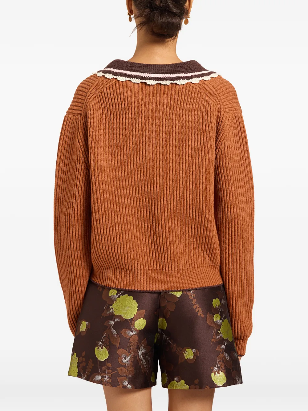 La DoubleJ crochet-trim ribbed-knit sweater Bruin