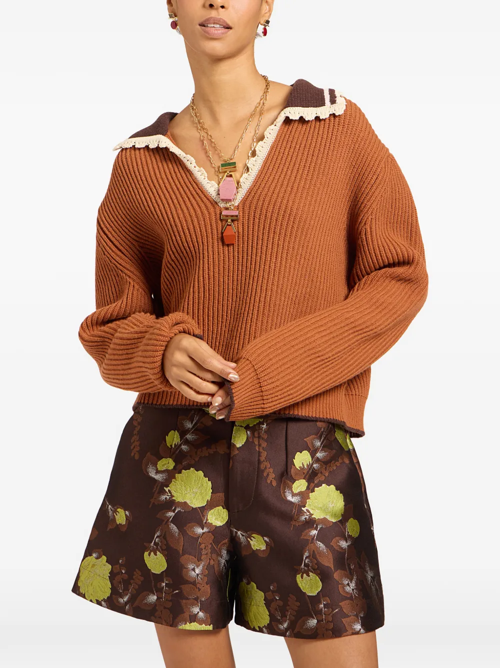 La DoubleJ crochet-trim ribbed-knit sweater Bruin