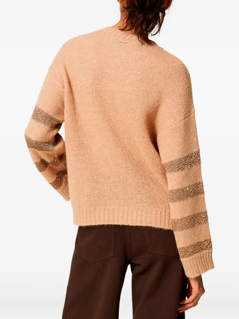 TWINSET Gestreepte trui met pailletten en ronde hals Beige