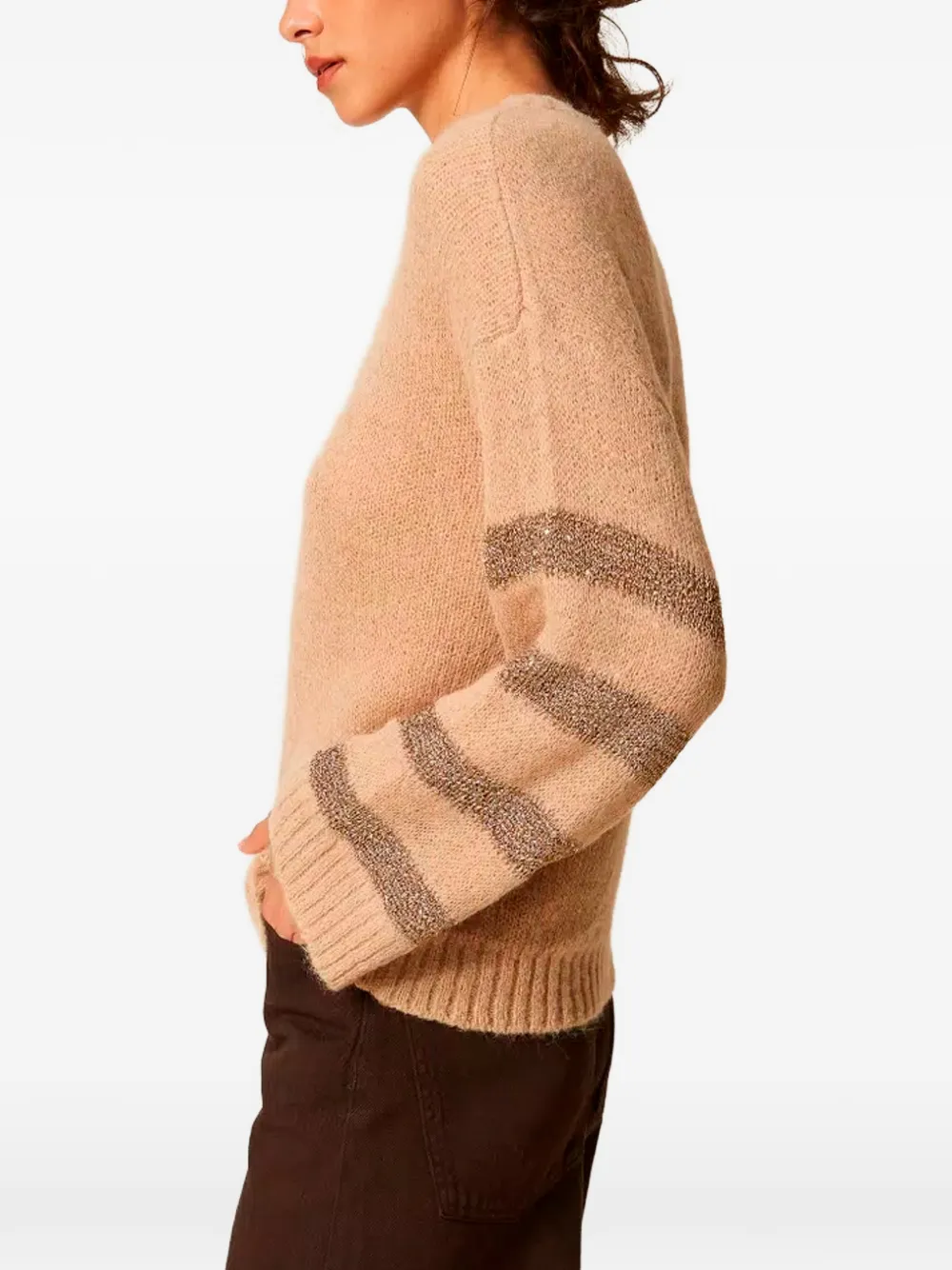 TWINSET Gestreepte trui met pailletten en ronde hals Beige