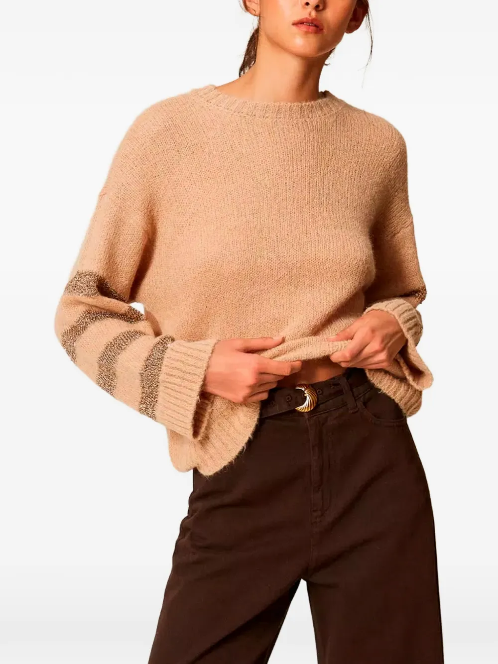 TWINSET Gestreepte trui met pailletten en ronde hals Beige