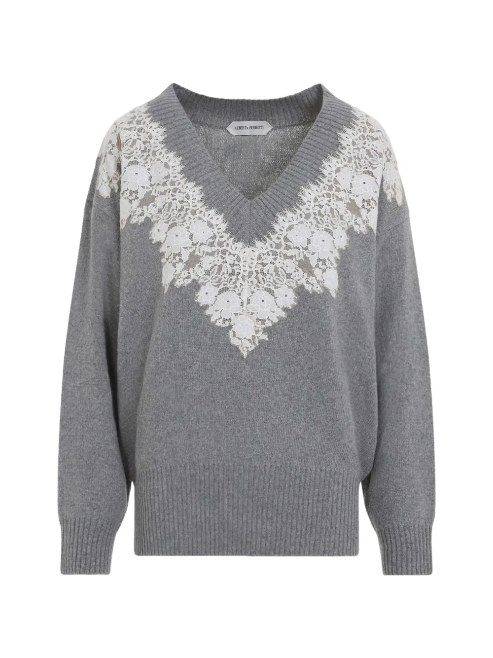 Alberta Ferretti lace-trim V-neck sweater - Grey