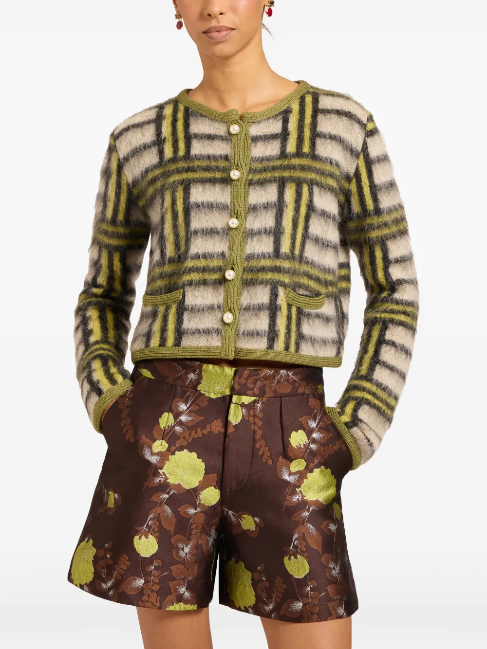 La Doublej Check-pattern Button-up Cardigan In Green