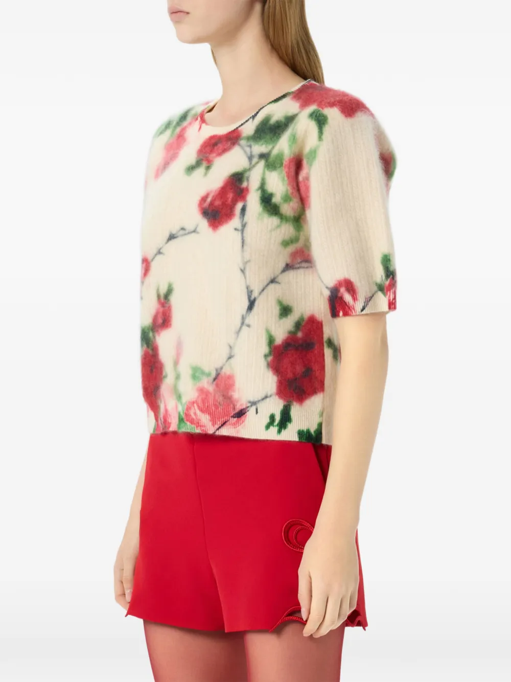 Blumarine Ribgebreide trui met bloemenprint Beige