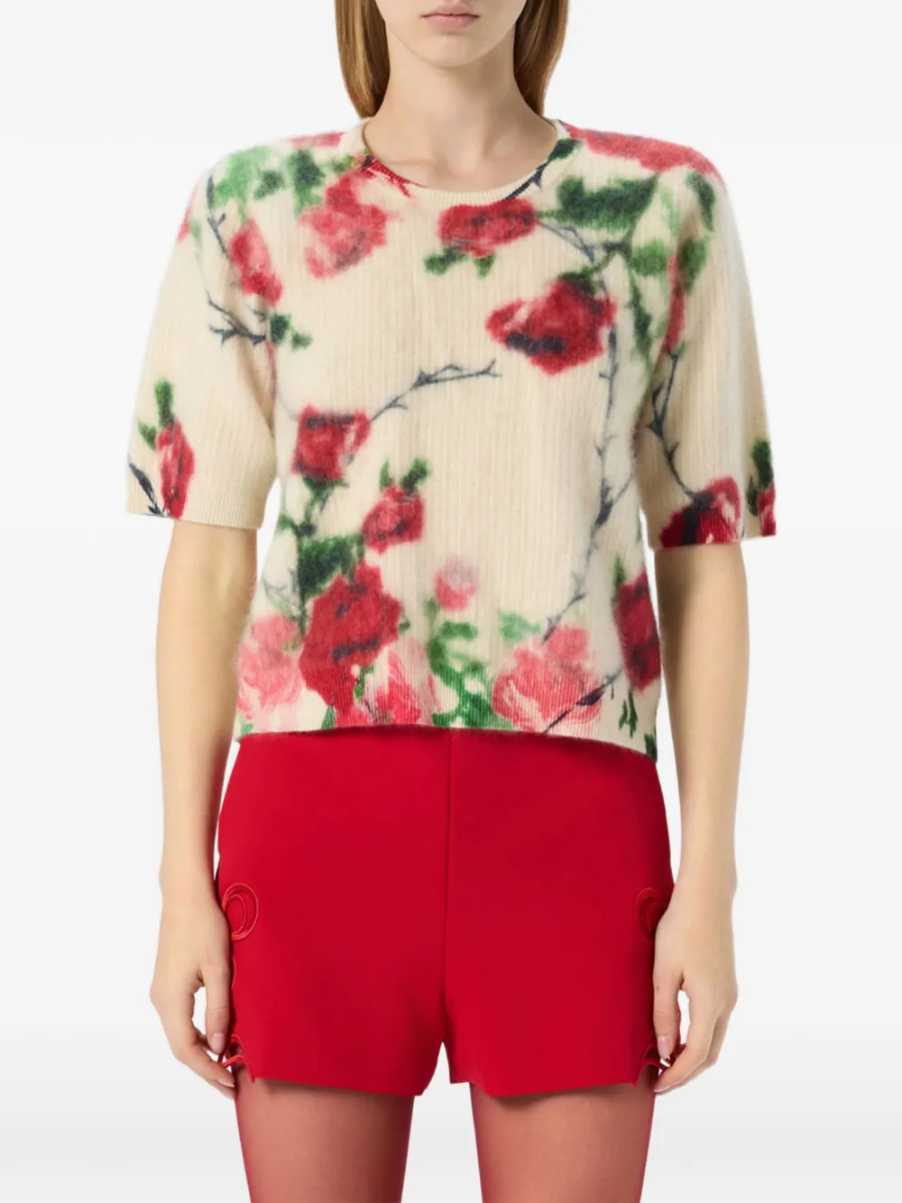 Blumarine Ribgebreide trui met bloemenprint Beige