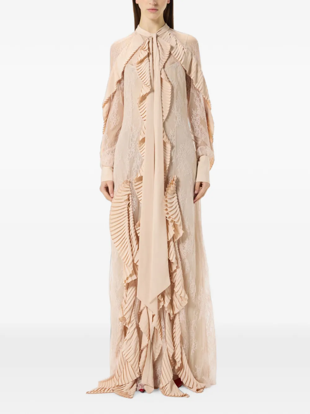 Blumarine Georgette geplooide maxi-jurk met kant Beige