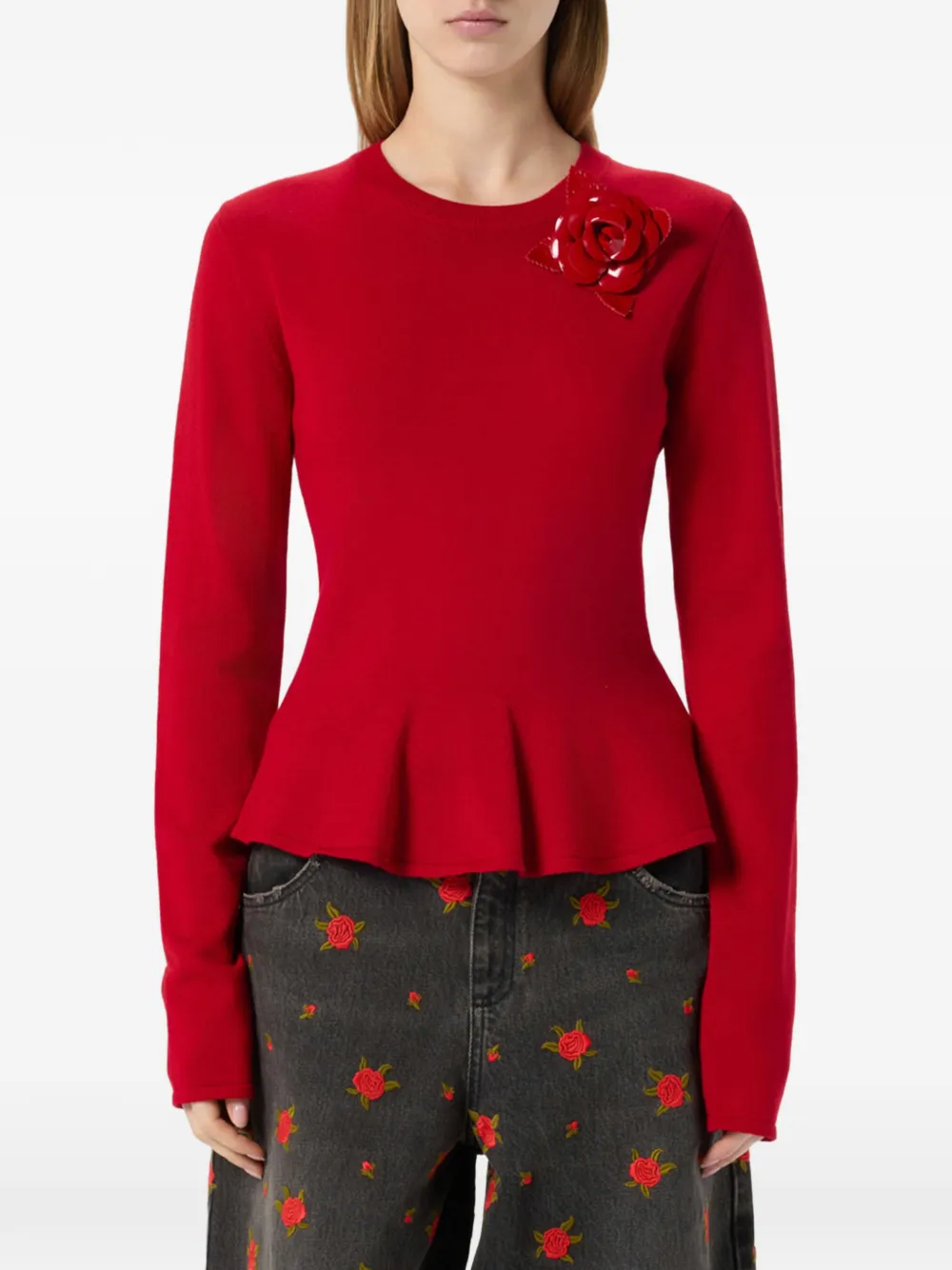 Blumarine Trui met peplum-zoom en broche Rood