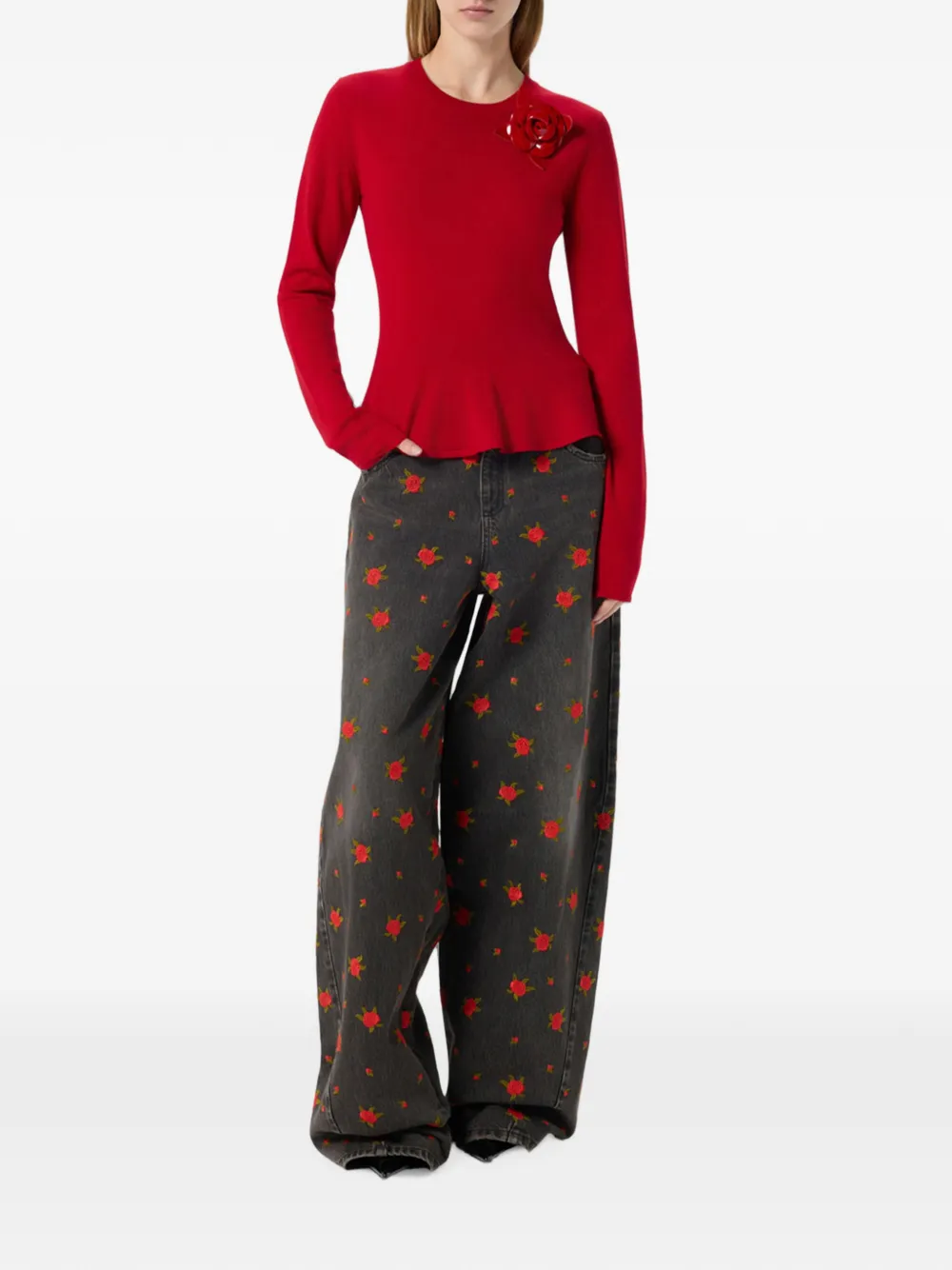 Blumarine Trui met peplum-zoom en broche Rood