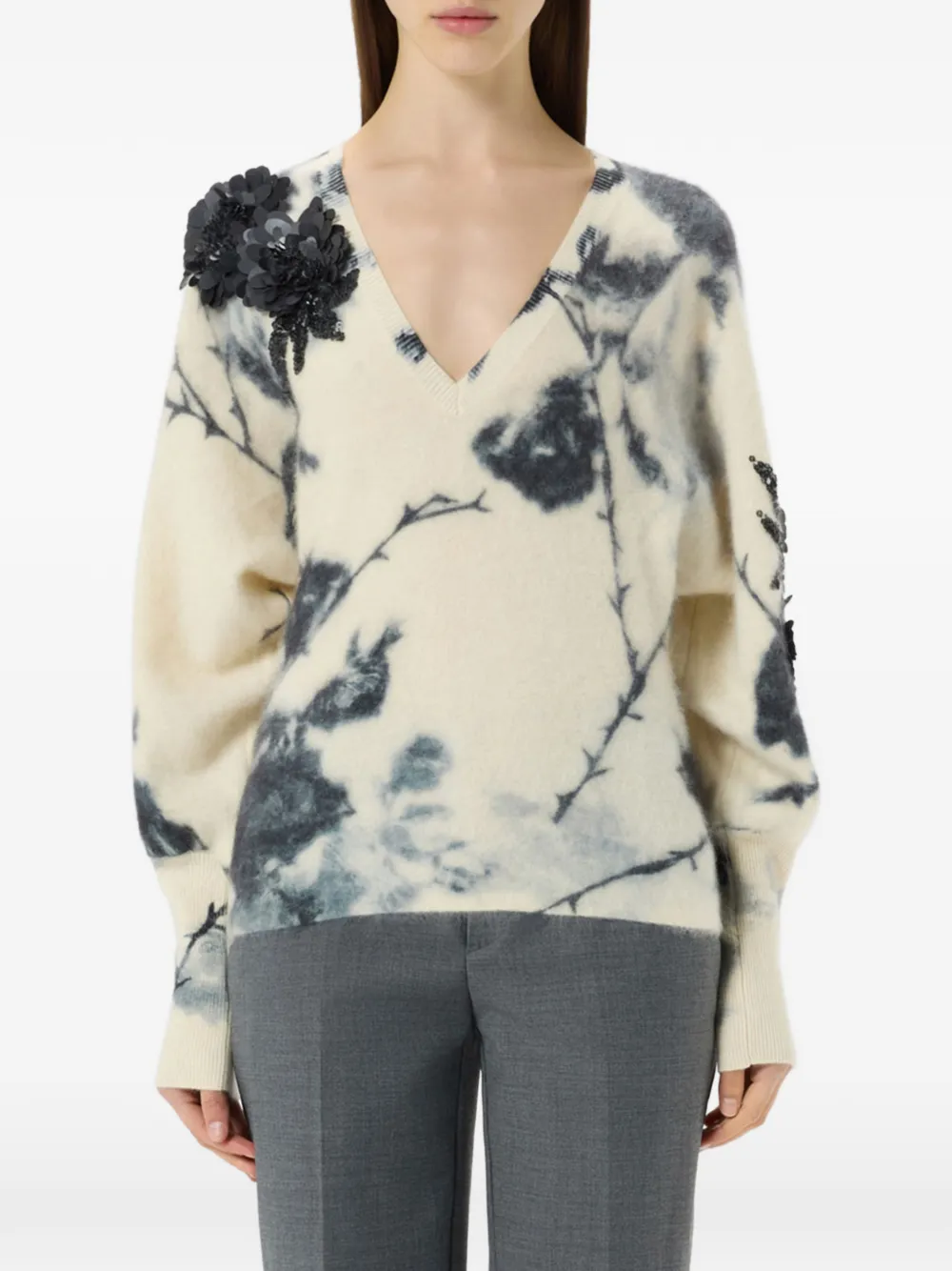 Blumarine Sweater verfraaid met pailletten en bloemenprint Beige