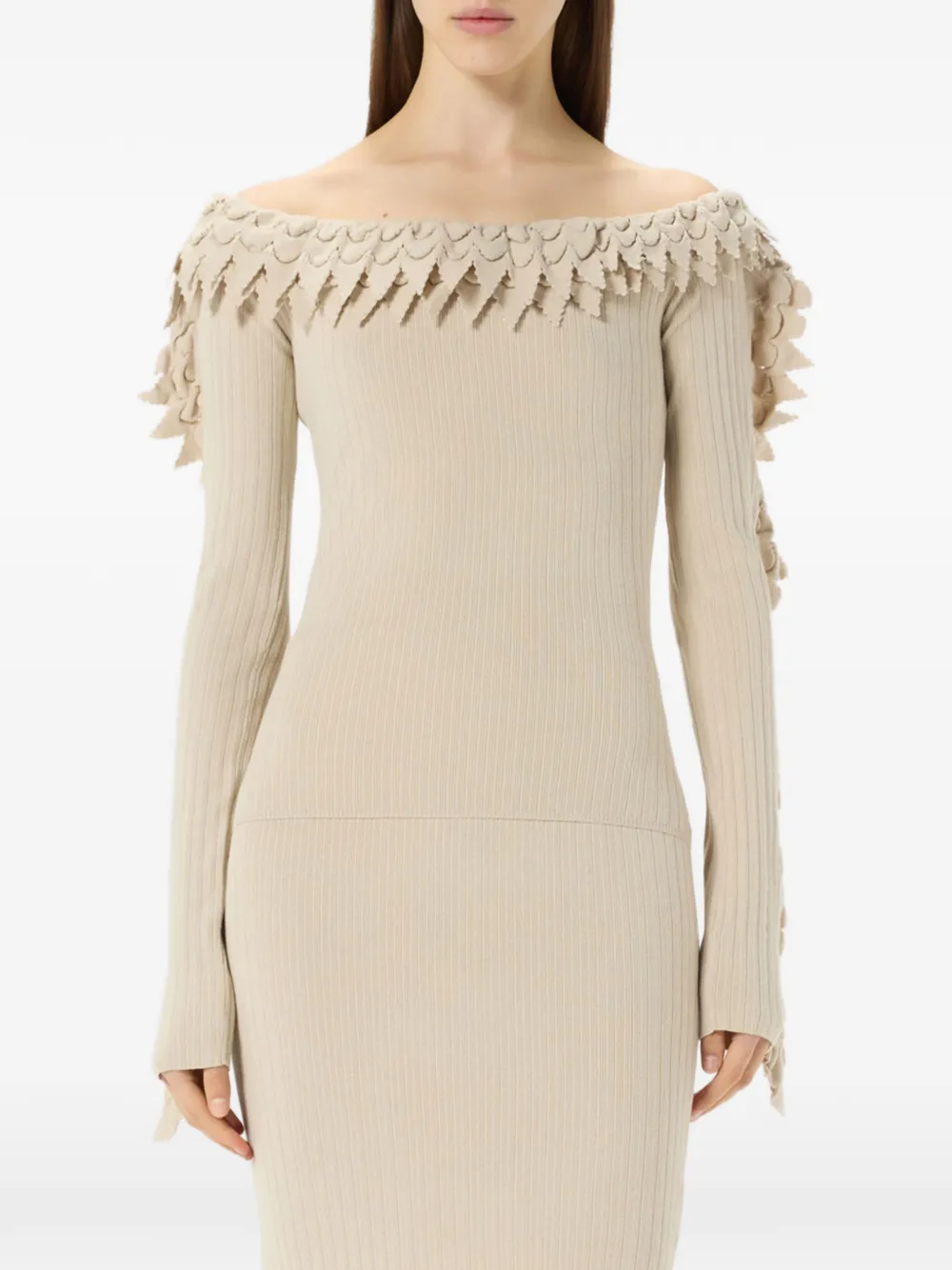 Blumarine Ribgebreide trui met ruches Beige