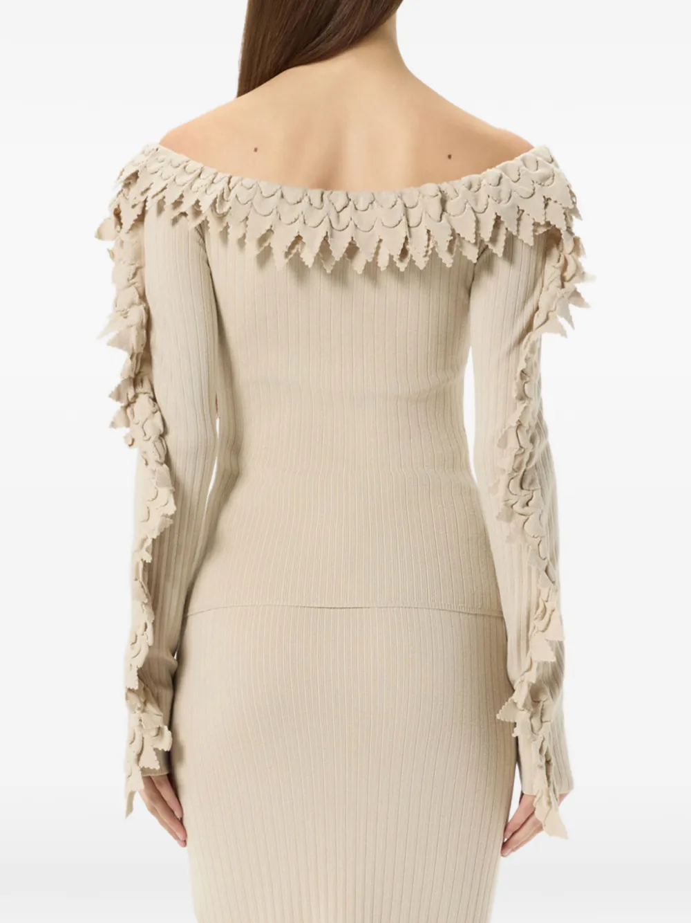 Blumarine Ribgebreide trui met ruches Beige