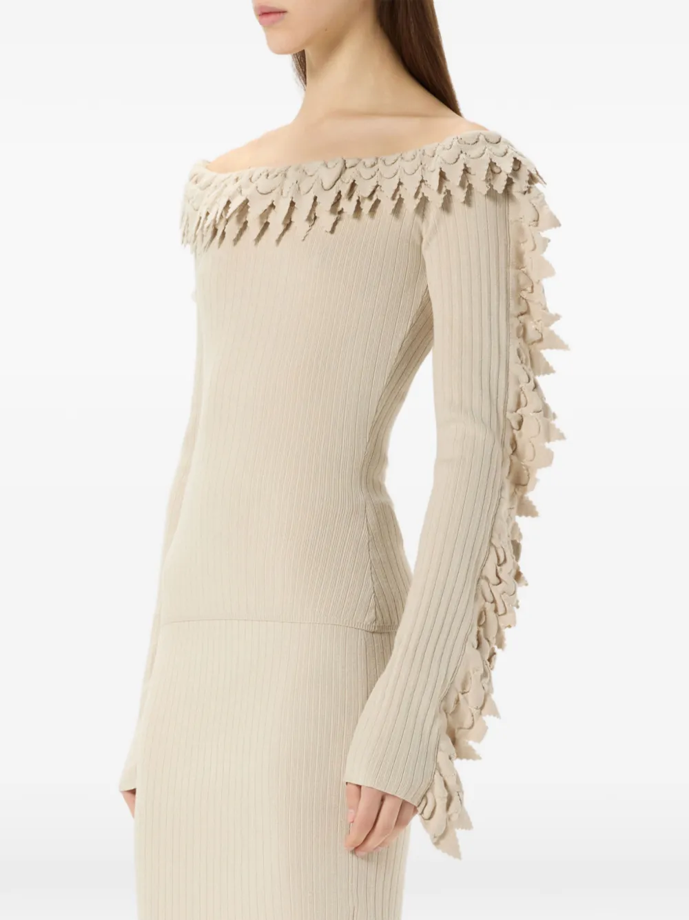 Blumarine Ribgebreide trui met ruches Beige