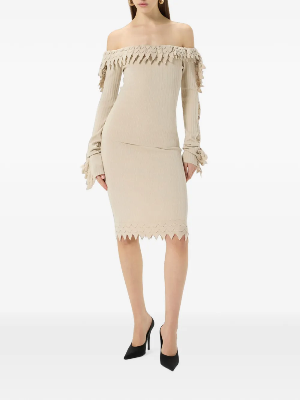 Blumarine Ribgebreide trui met ruches Beige
