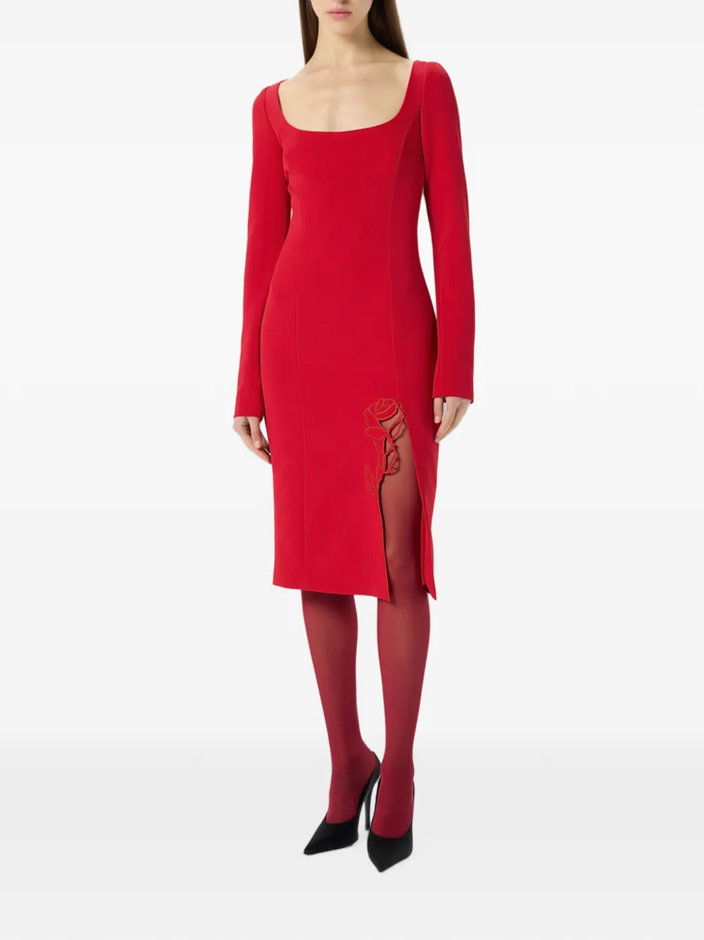 Blumarine Midi-jurk met geborduurde roos en split Rood