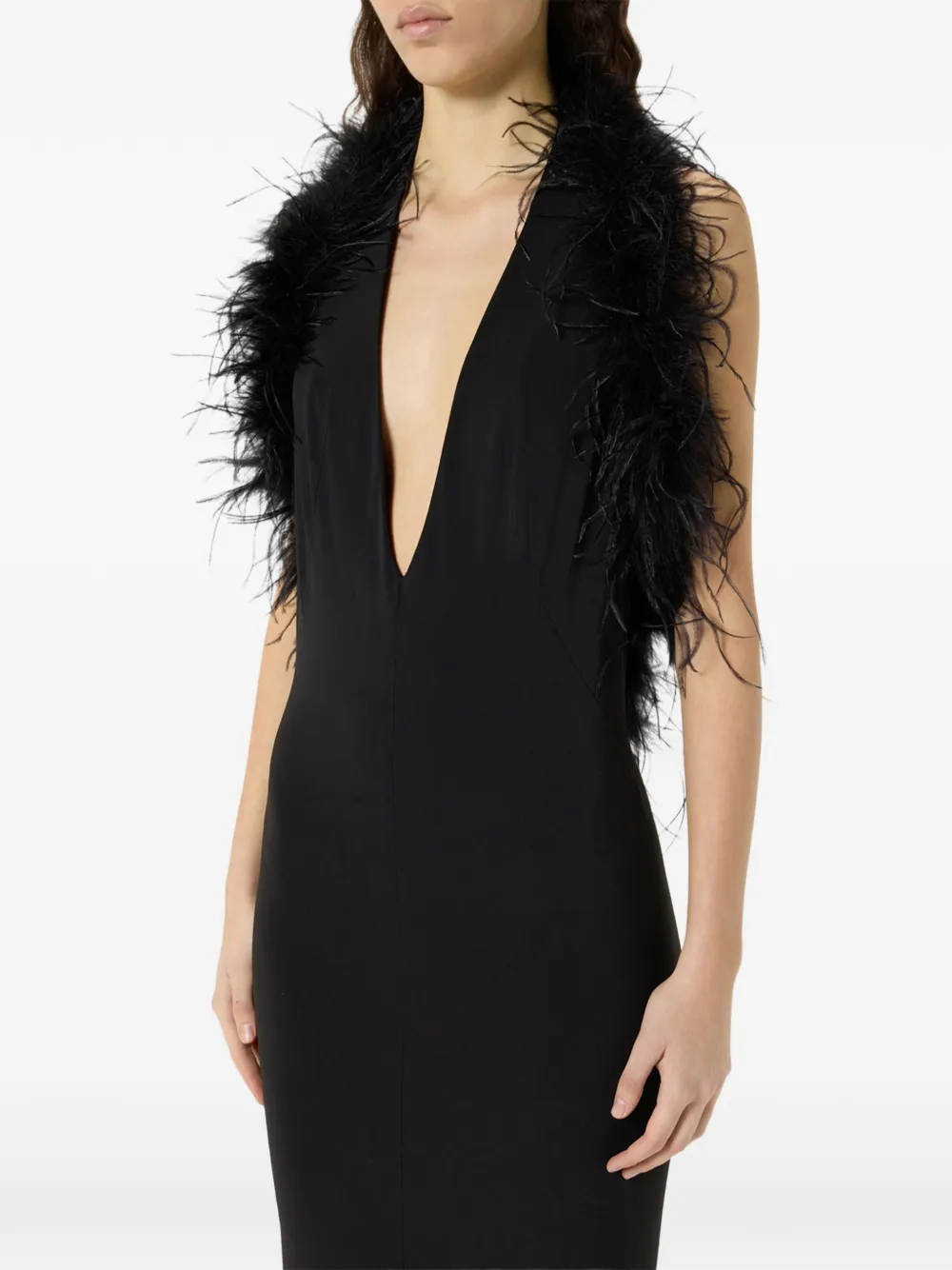 Blumarine Maxi-jurk met marabou-afwerking en diepe hals Zwart