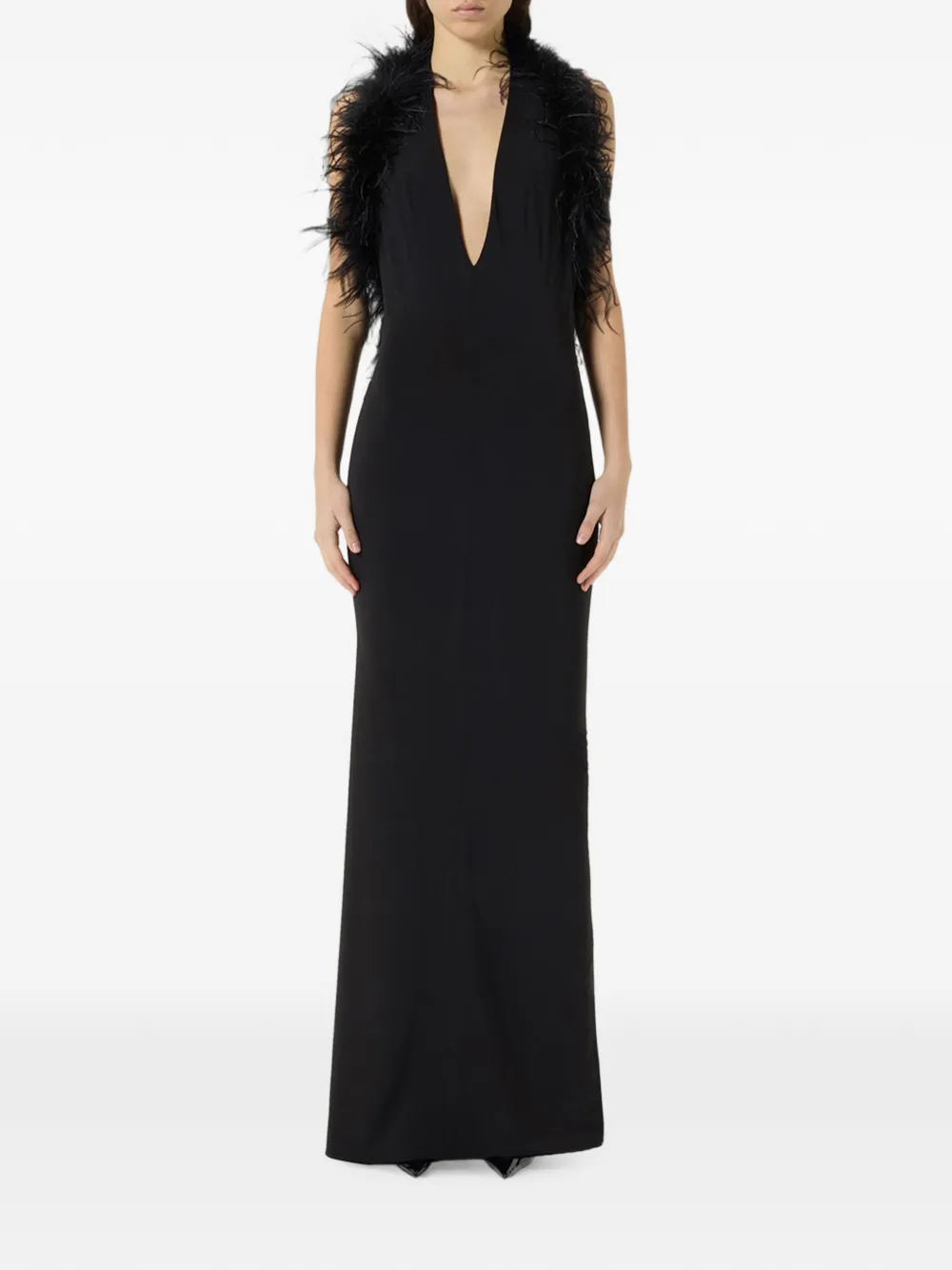 Blumarine Maxi-jurk met marabou-afwerking en diepe hals Zwart