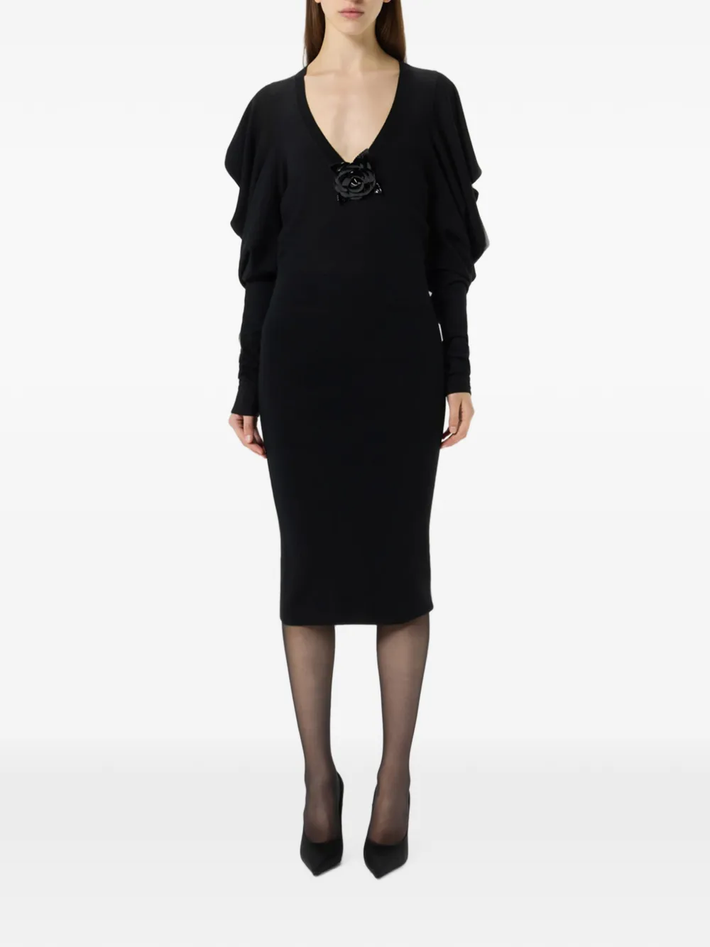Blumarine Midi-jurk met pofmouwen en broche Zwart