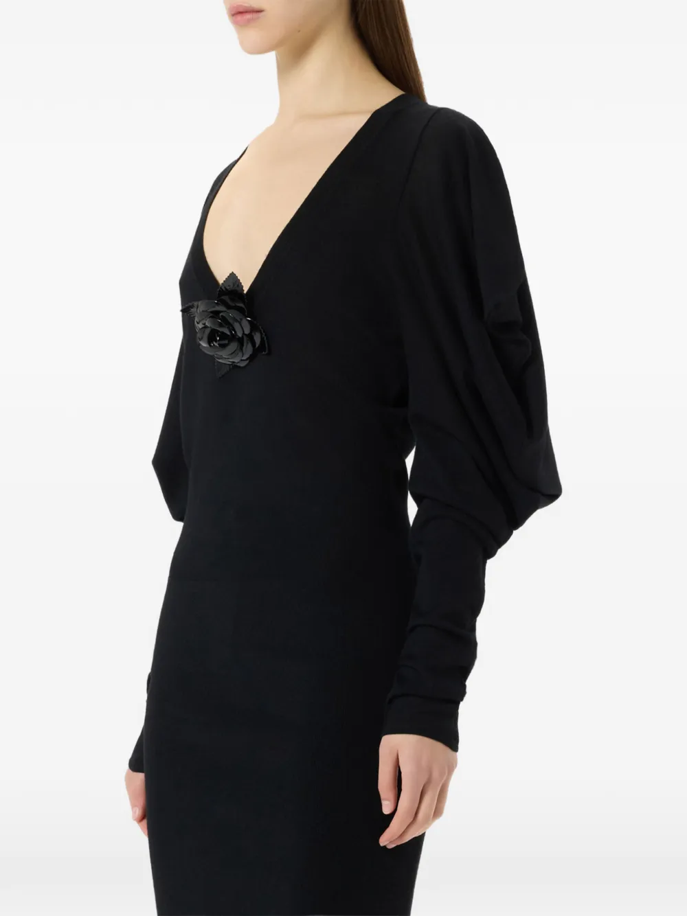 Blumarine Midi-jurk met pofmouwen en broche Zwart