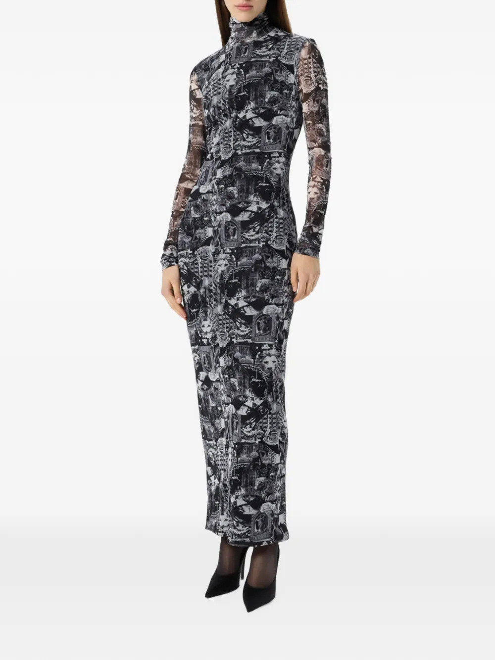 Blumarine Maxi-jurk met bloemenprint en hoge hals Zwart