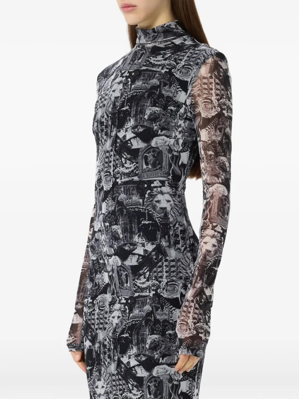 Blumarine Maxi-jurk met bloemenprint en hoge hals Zwart