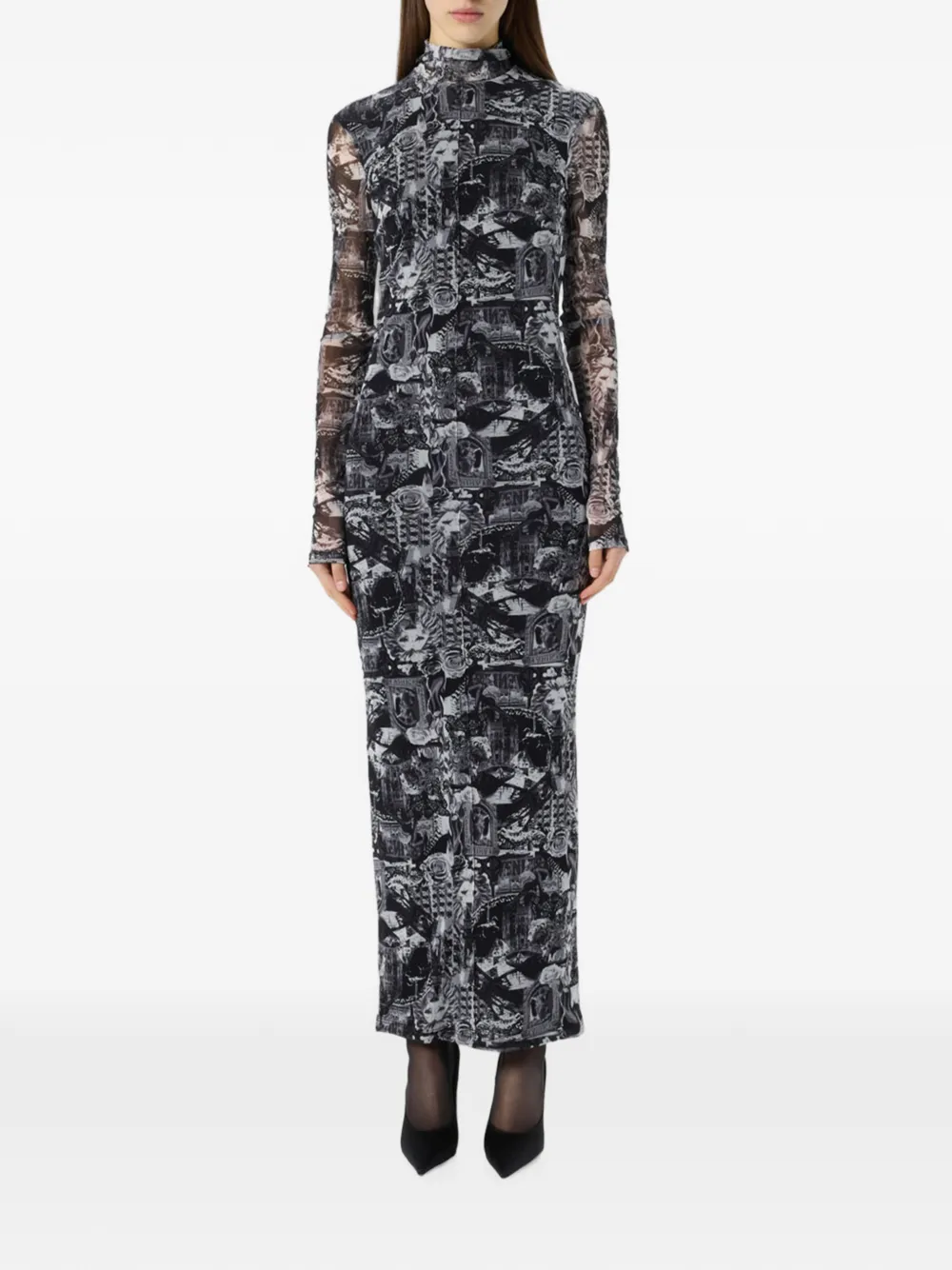 Blumarine Maxi-jurk met bloemenprint en hoge hals Zwart