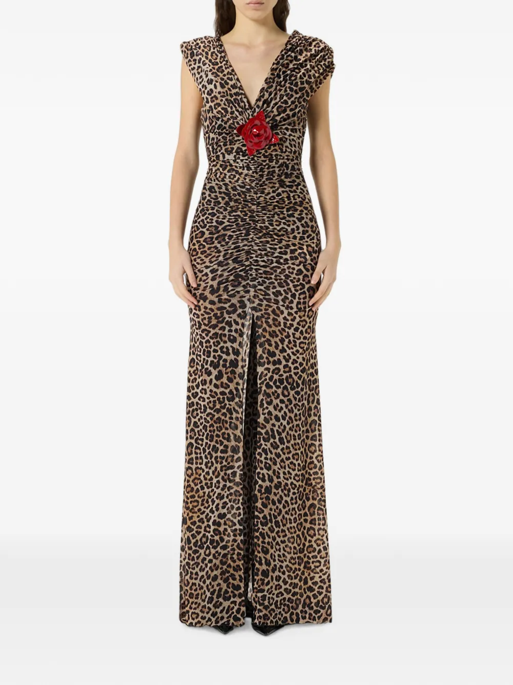 Blumarine Maxi-jurk met luipaardprint en broche Bruin