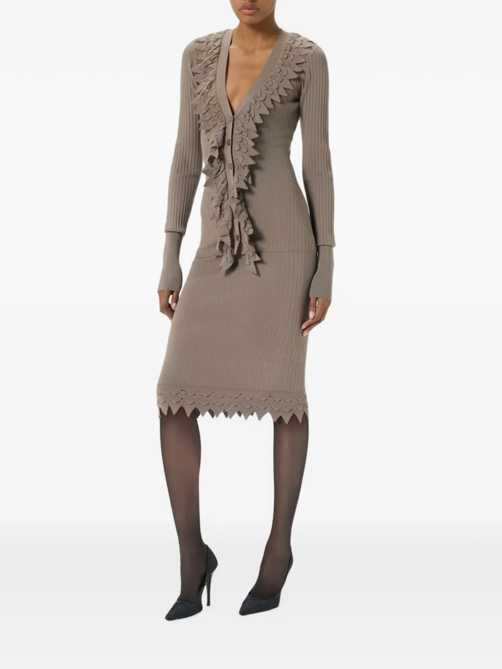 Blumarine Ribgebreid vest met ruches Bruin