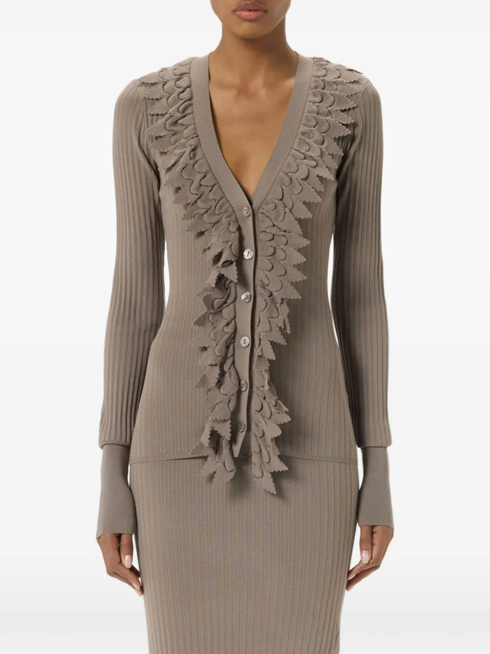 Blumarine Ribgebreid vest met ruches Bruin
