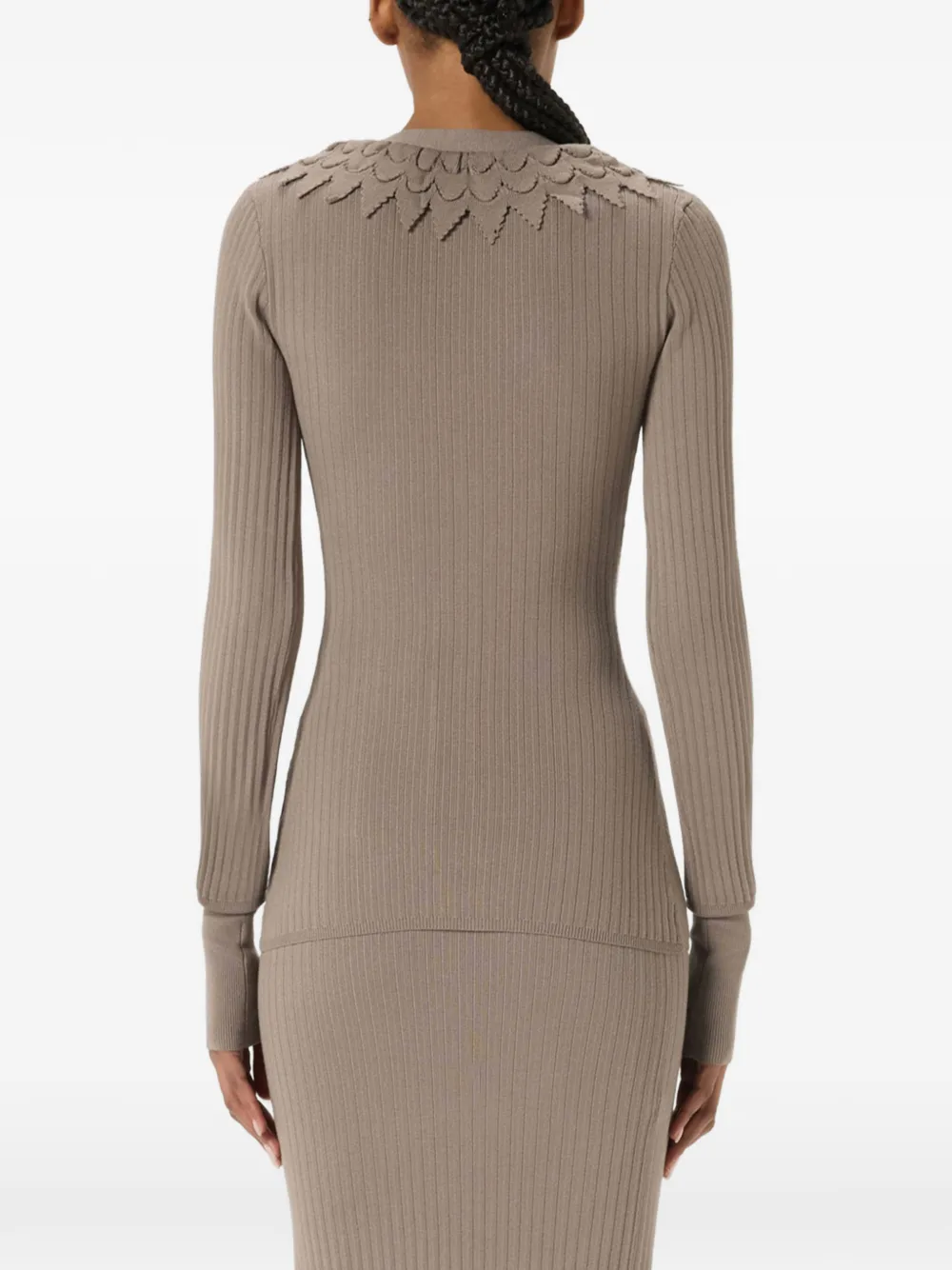Blumarine Ribgebreid vest met ruches Bruin