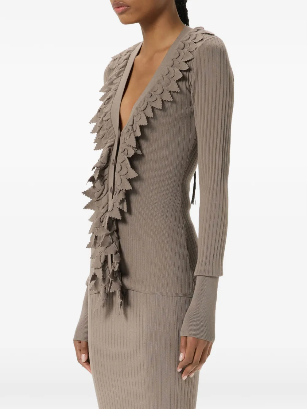 Blumarine Ribgebreid vest met ruches Bruin