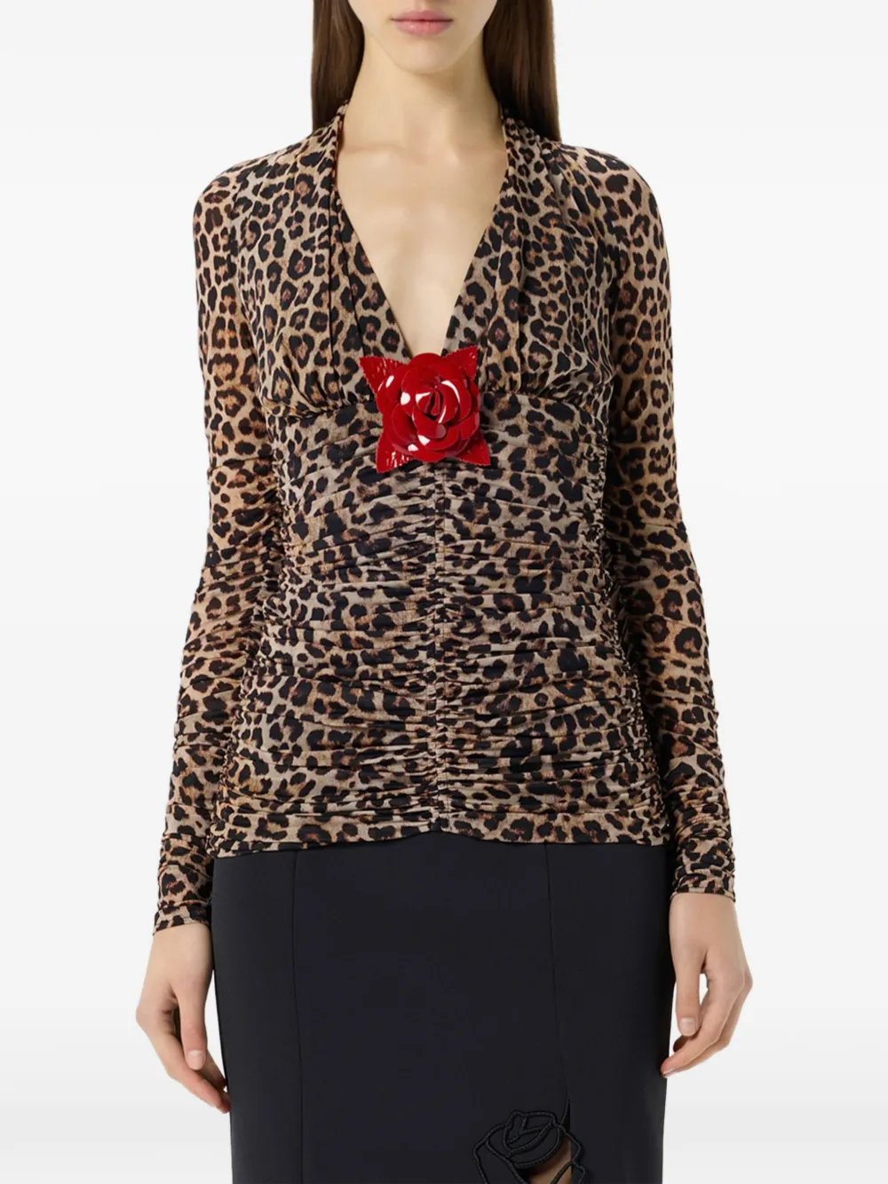 Blumarine Blouse met luipaardprint en ruches Bruin