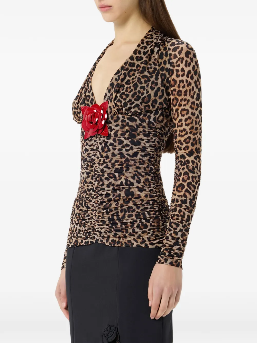 Blumarine Blouse met luipaardprint en ruches Bruin