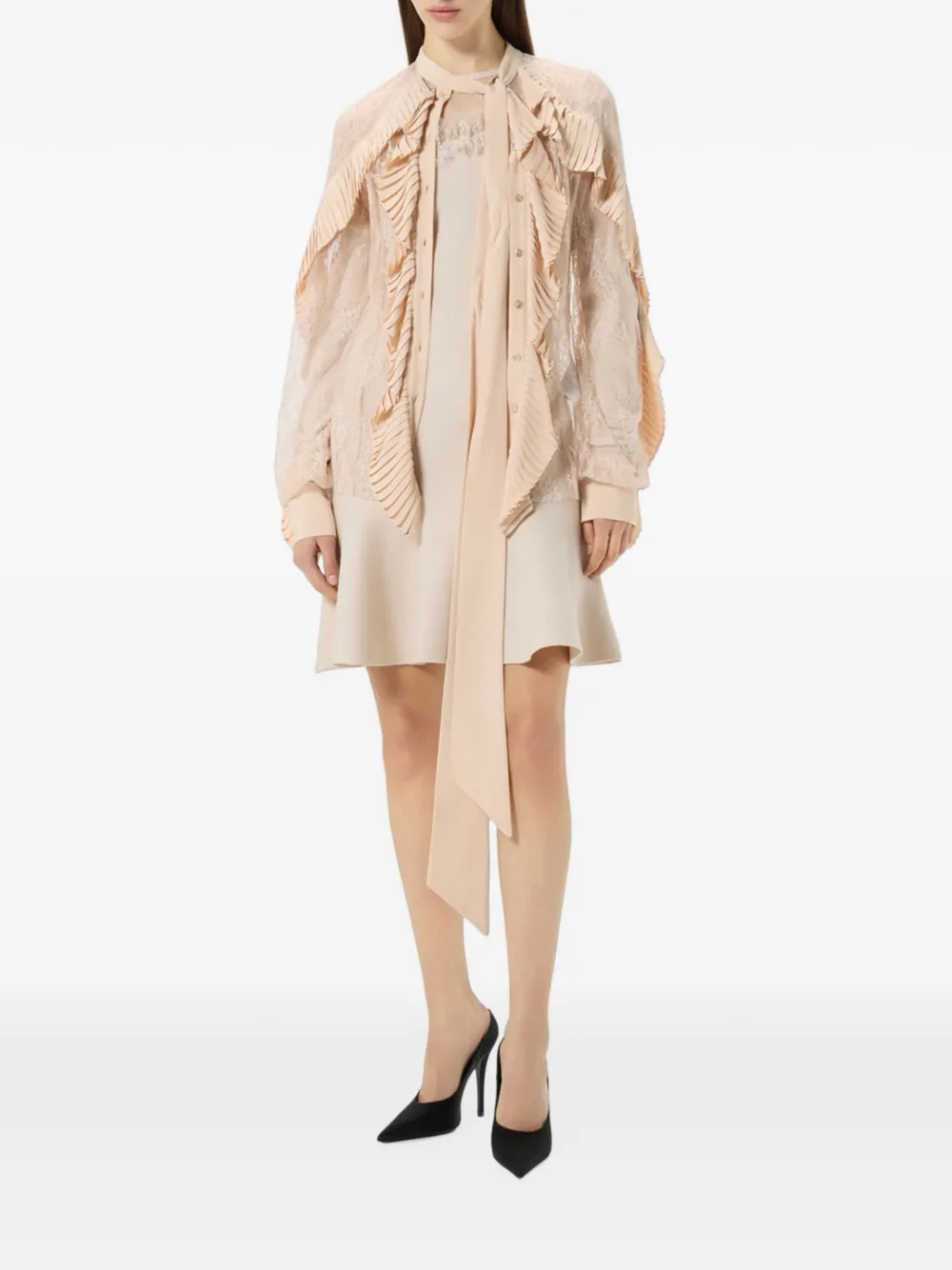 Blumarine Blouse met plooien en bloemenkant Beige