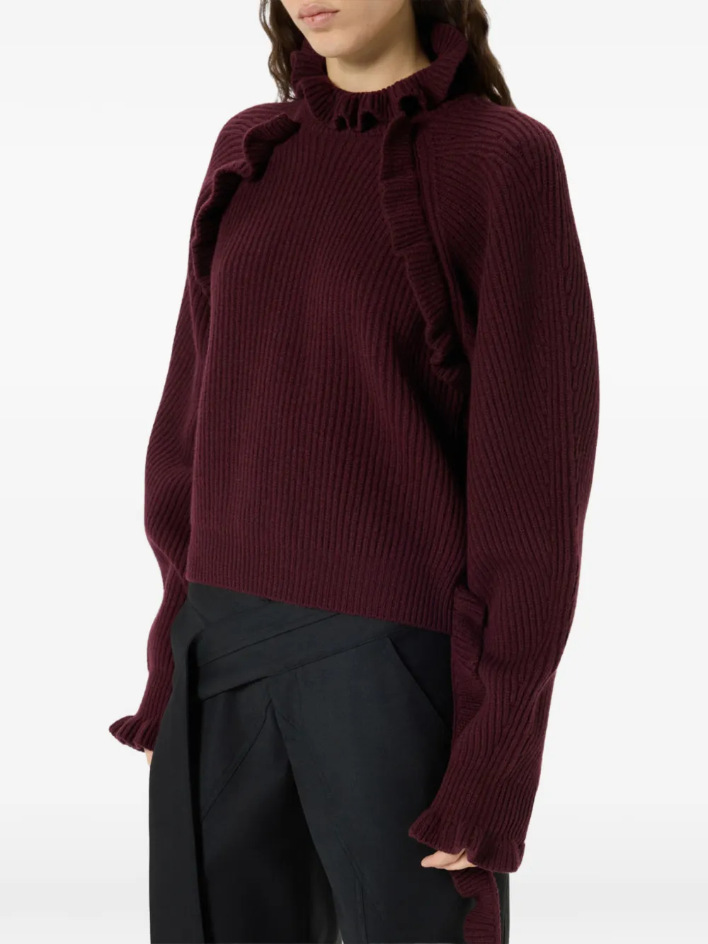 Blumarine Ribgebreide trui met ruches Rood