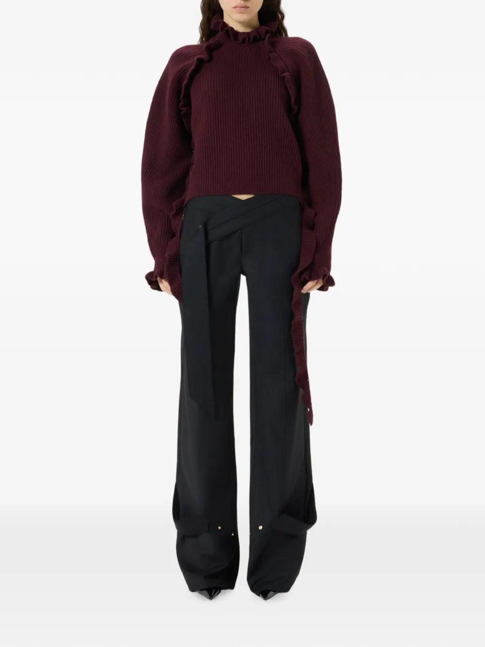 Blumarine Ribgebreide trui met ruches Rood