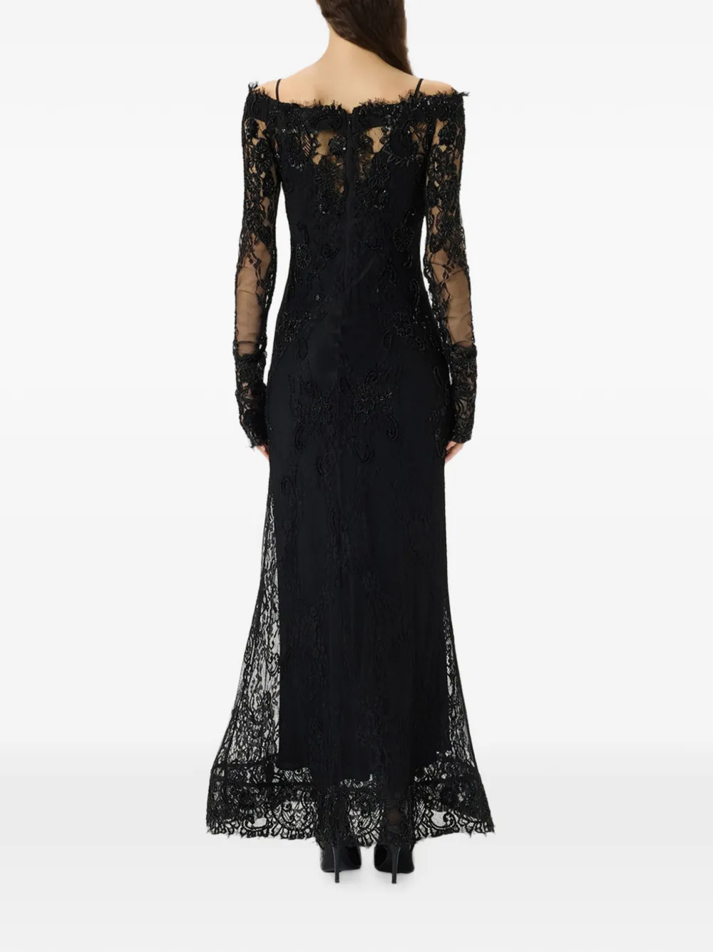 Blumarine Maxi-jurk met geborduurde bloemen en kant Zwart