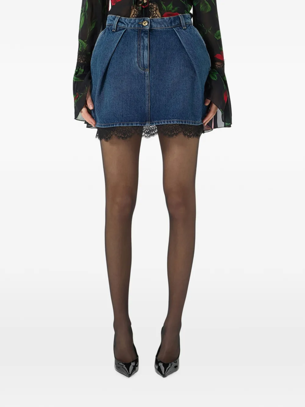 Blumarine Denim mini-rok met kanten afwerking Blauw