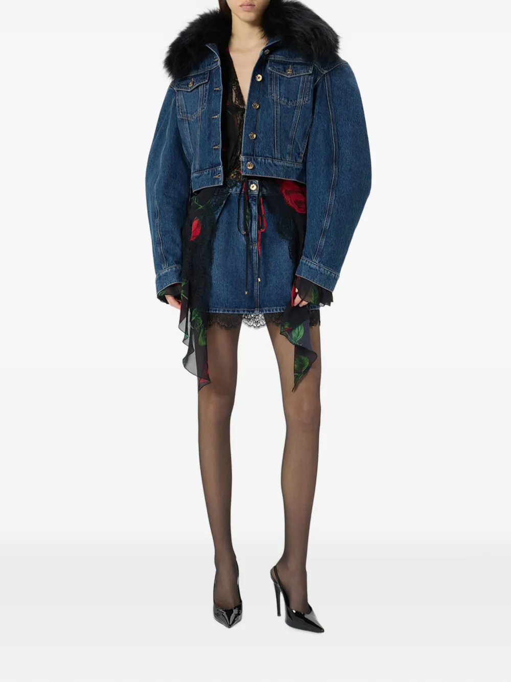 Blumarine Denim mini-rok met kanten afwerking Blauw