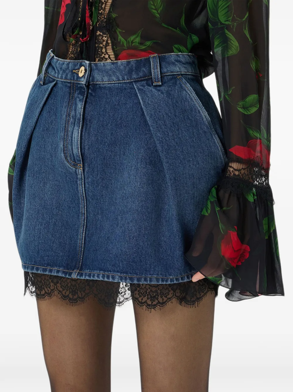 Blumarine Denim mini-rok met kanten afwerking Blauw