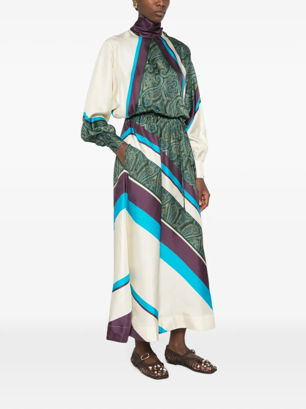 ALEMAIS Joni gestreepte midi-jurk met paisley-print Groen