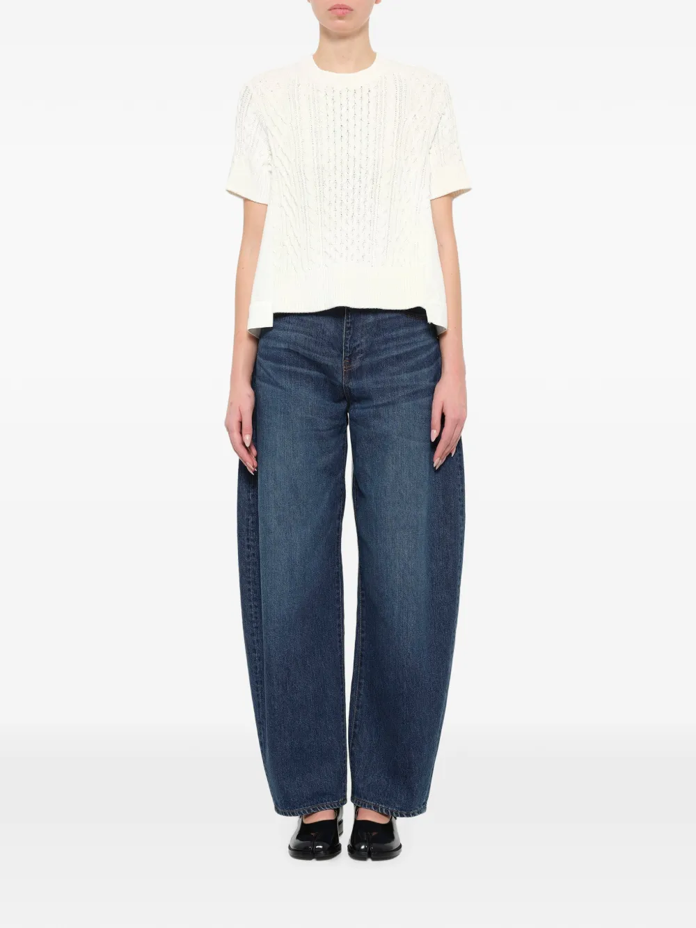 Sacai Cable-knit Panelled Short-sleeve Sweater In Neutral