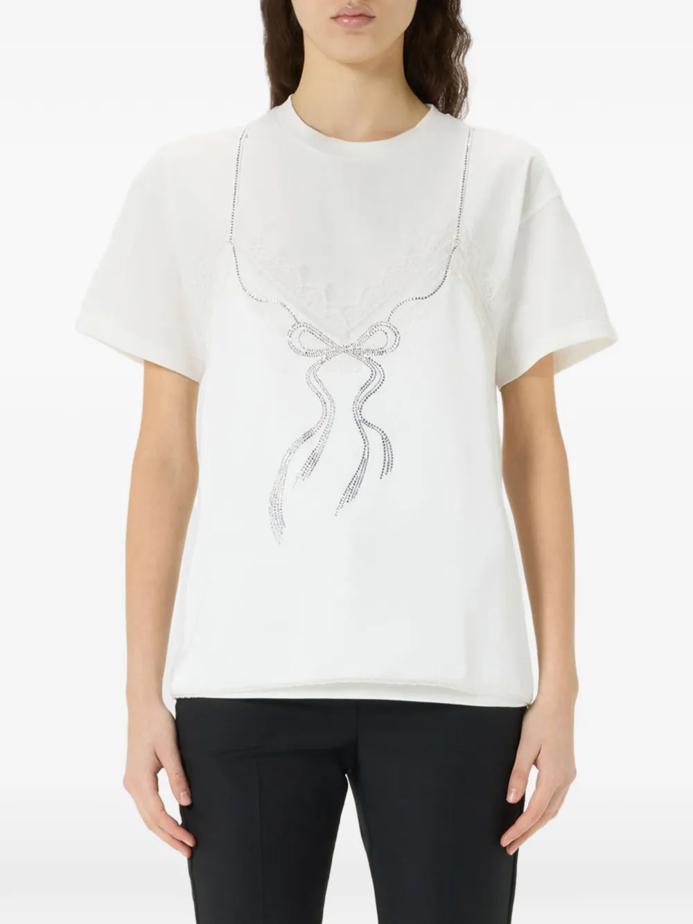 Blumarine T-shirt met strik en stras en kanten applicatie Wit