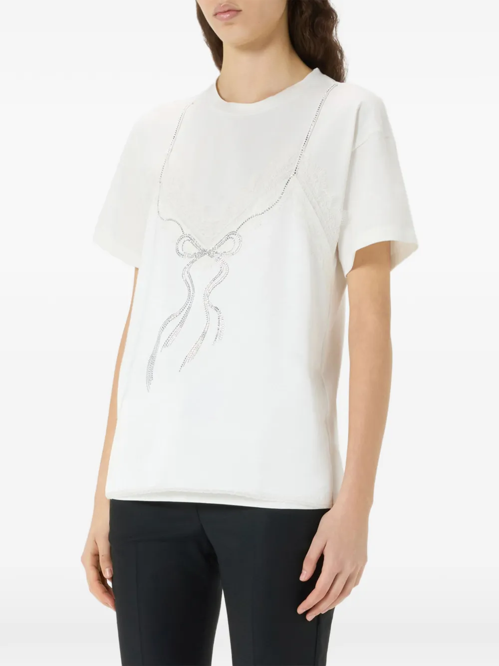 Blumarine T-shirt met strik en stras en kanten applicatie Wit