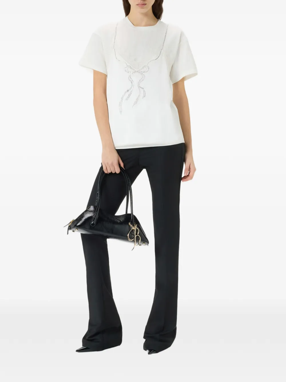 Blumarine T-shirt met strik en stras en kanten applicatie Wit