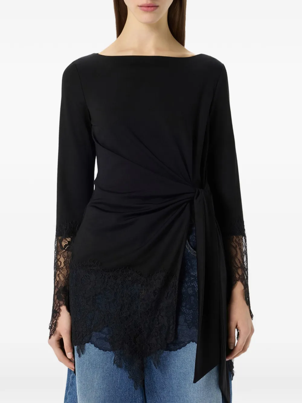 Blumarine Blouse met kanten afwerking en geknoopt detail Zwart