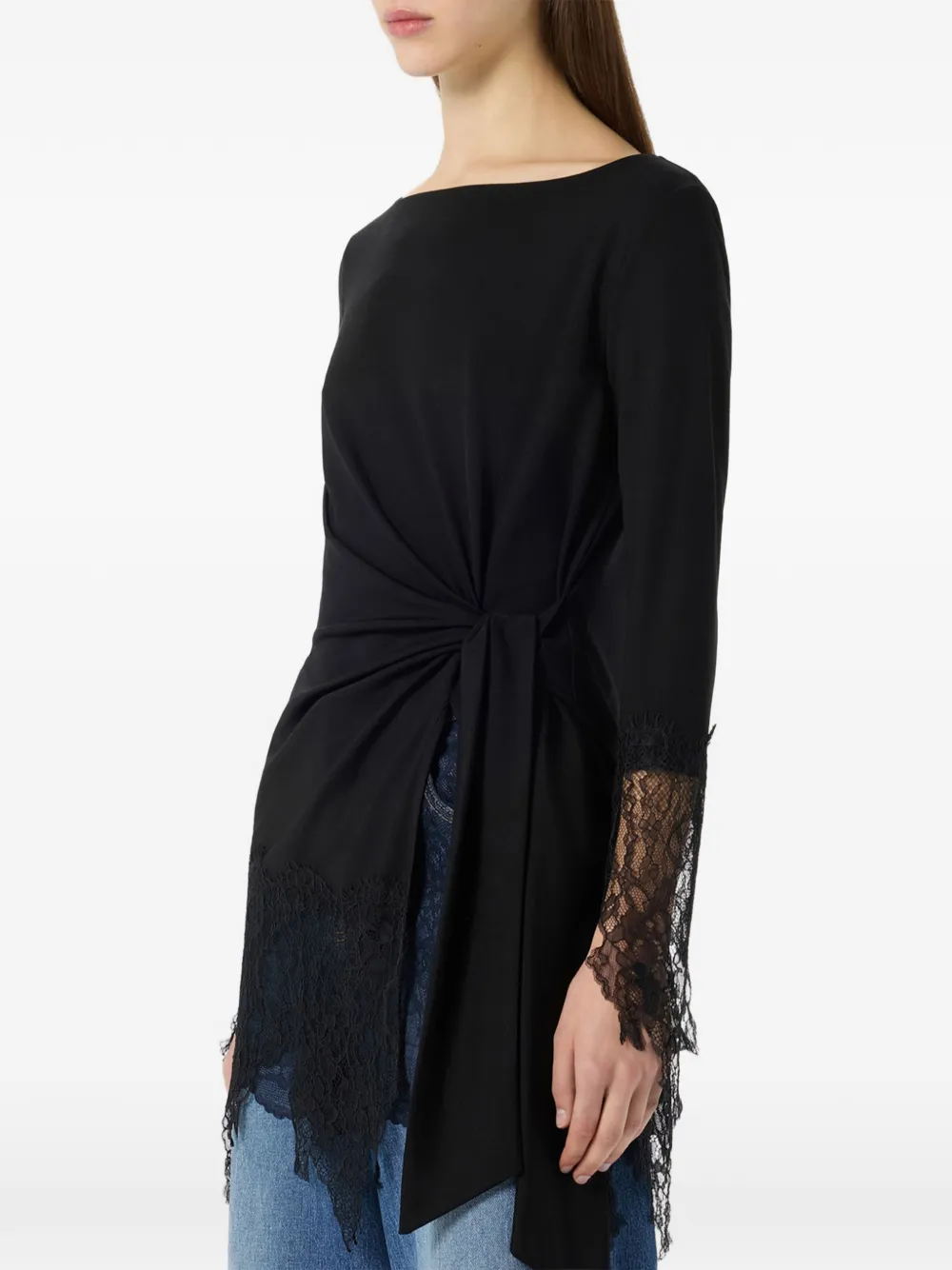 Blumarine Blouse met kanten afwerking en geknoopt detail Zwart